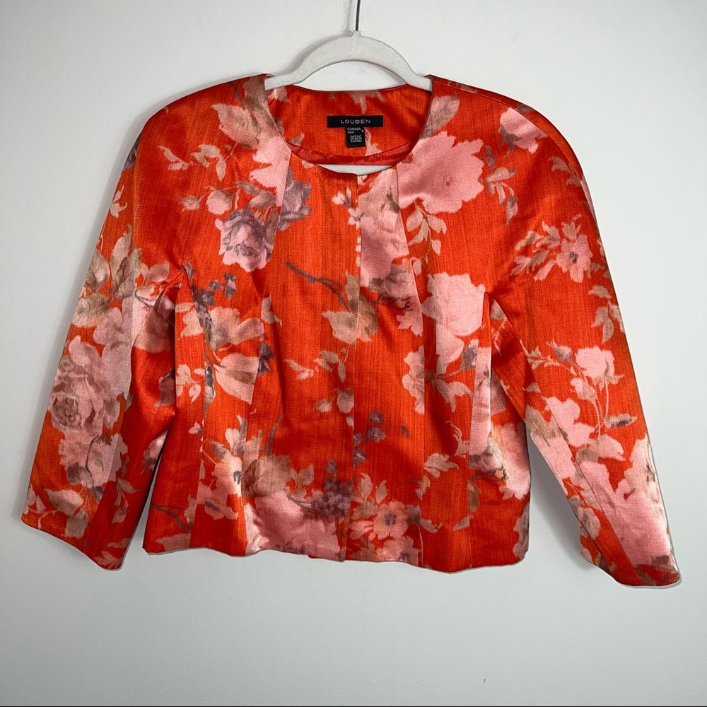 Louben Cropped Satin Jacket-Orange Tan Watercolor Floral Print-Size 8
